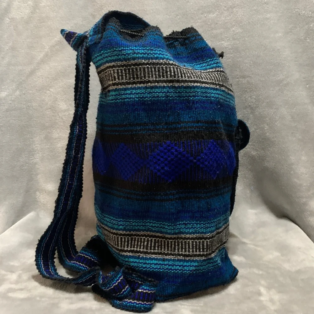 Lillo Woven Drug Rug Backpack Blue Black Striped Boho Drawstring Rucksack‎